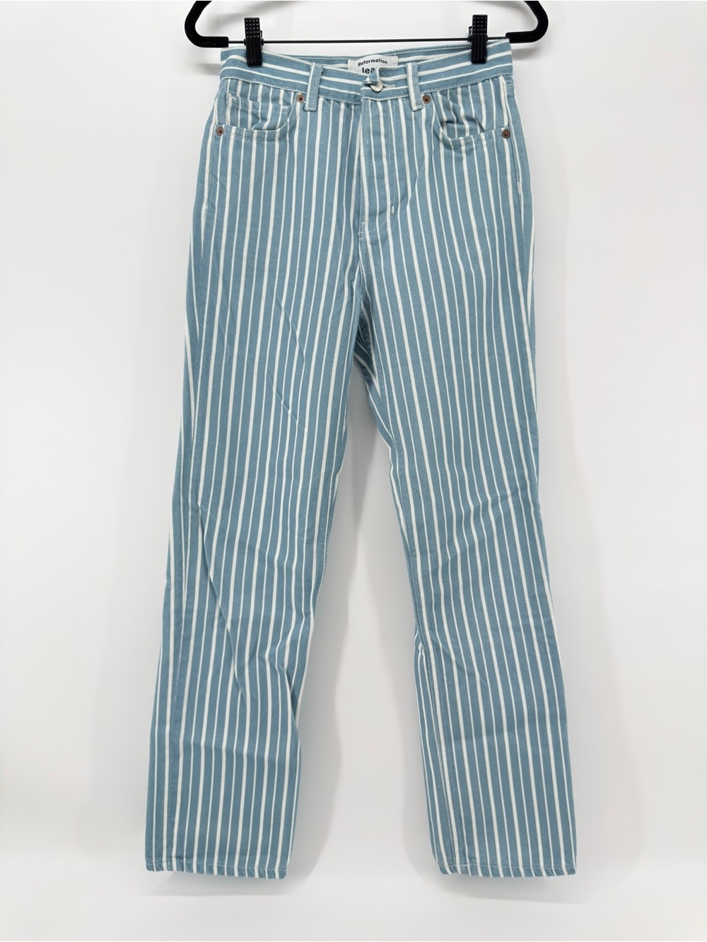 Reformation Strip Blue Carpenter Pant 24 straight leg button fly high rise retro